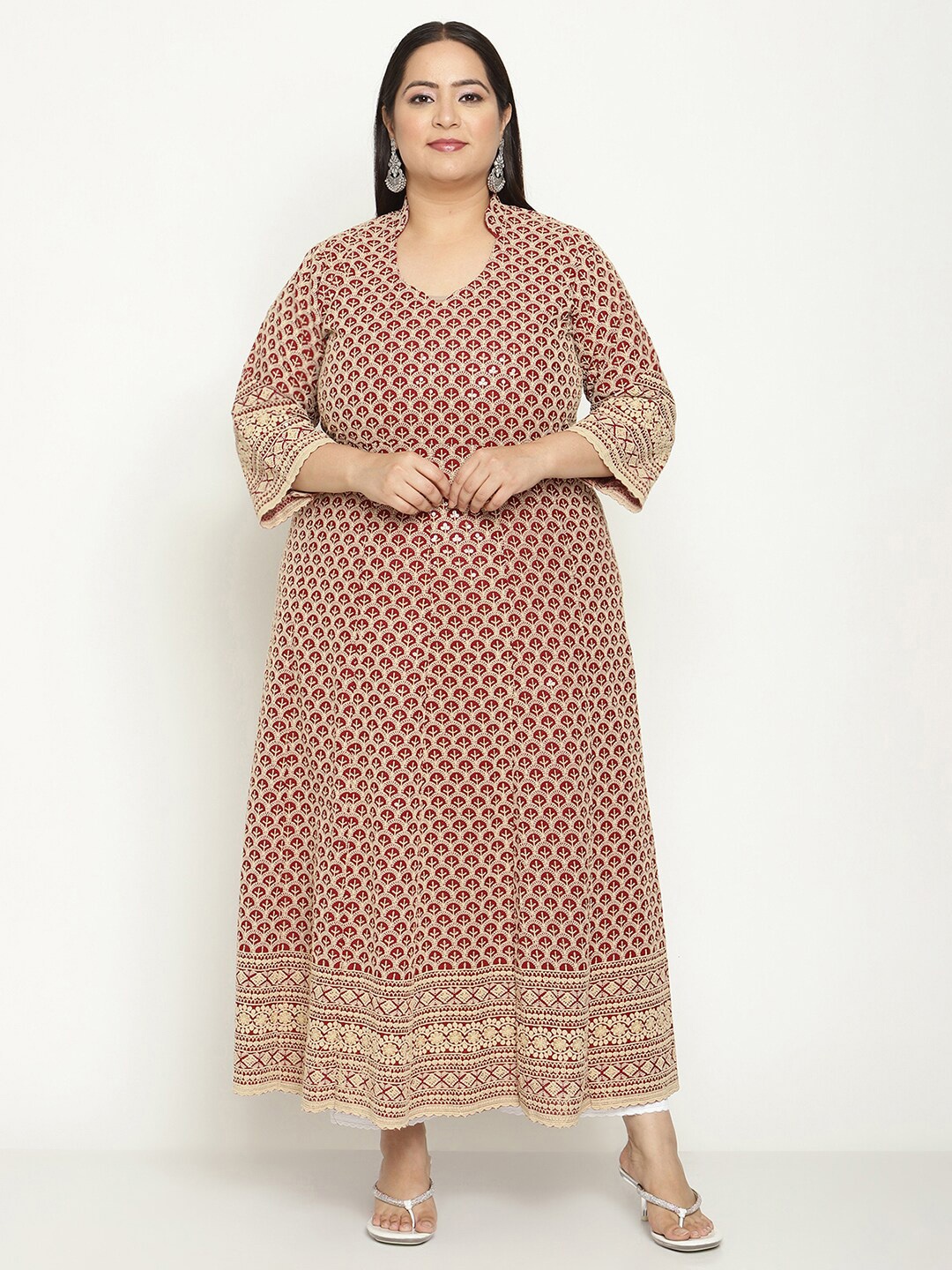 

QUEENLEY Plus Size Ethnic Motifs Embroidered Chikankari Anarkali Kurta, Maroon