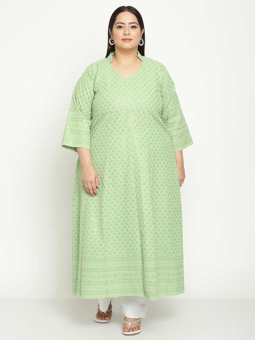 

QUEENLEY Plus Size Ethnic Motifs Chikankari Embroidered Anarkali Kurta, Green