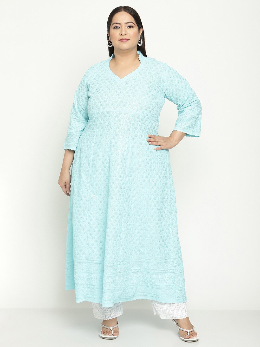 

QUEENLEY Plus Size Ethnic Motifs Embroidered Chikankari Anarkali Kurta, Turquoise blue