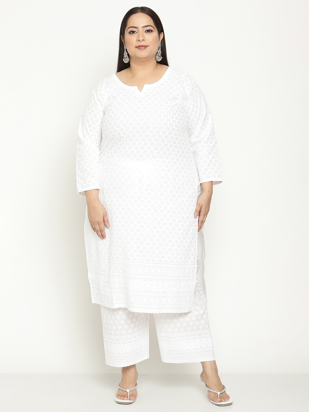 

QUEENLEY Plus Size Floral Embroidered Chikankari Straight Kurta, White