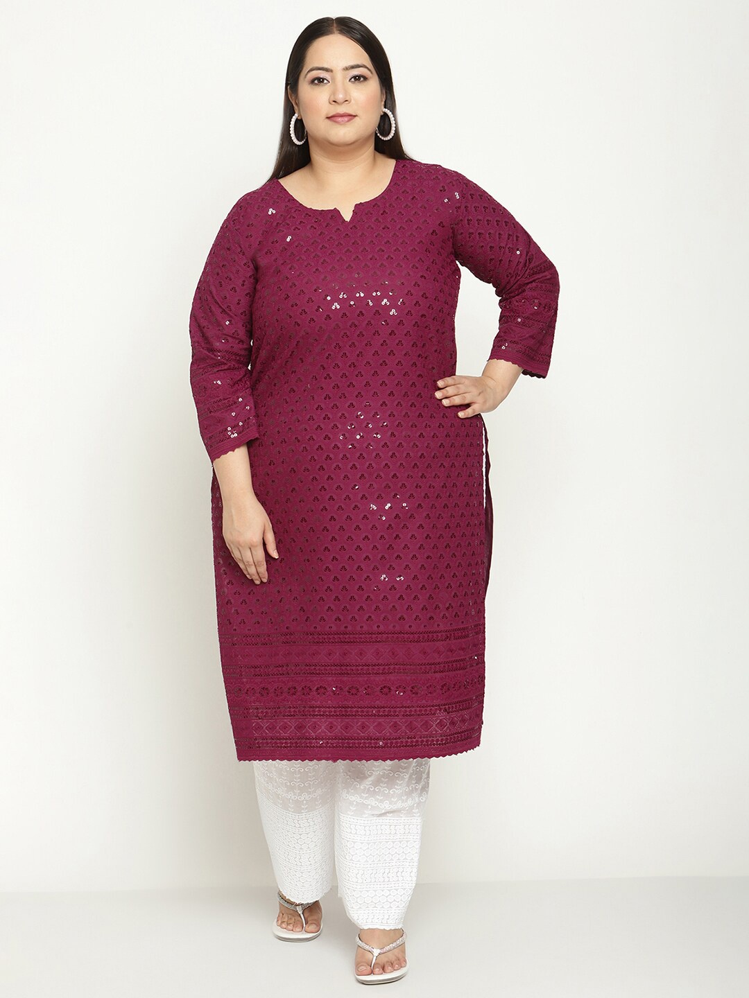 

QUEENLEY Plus Size Ethnic Motifs Embroidered Sequinned Chikankari Kurta, Purple