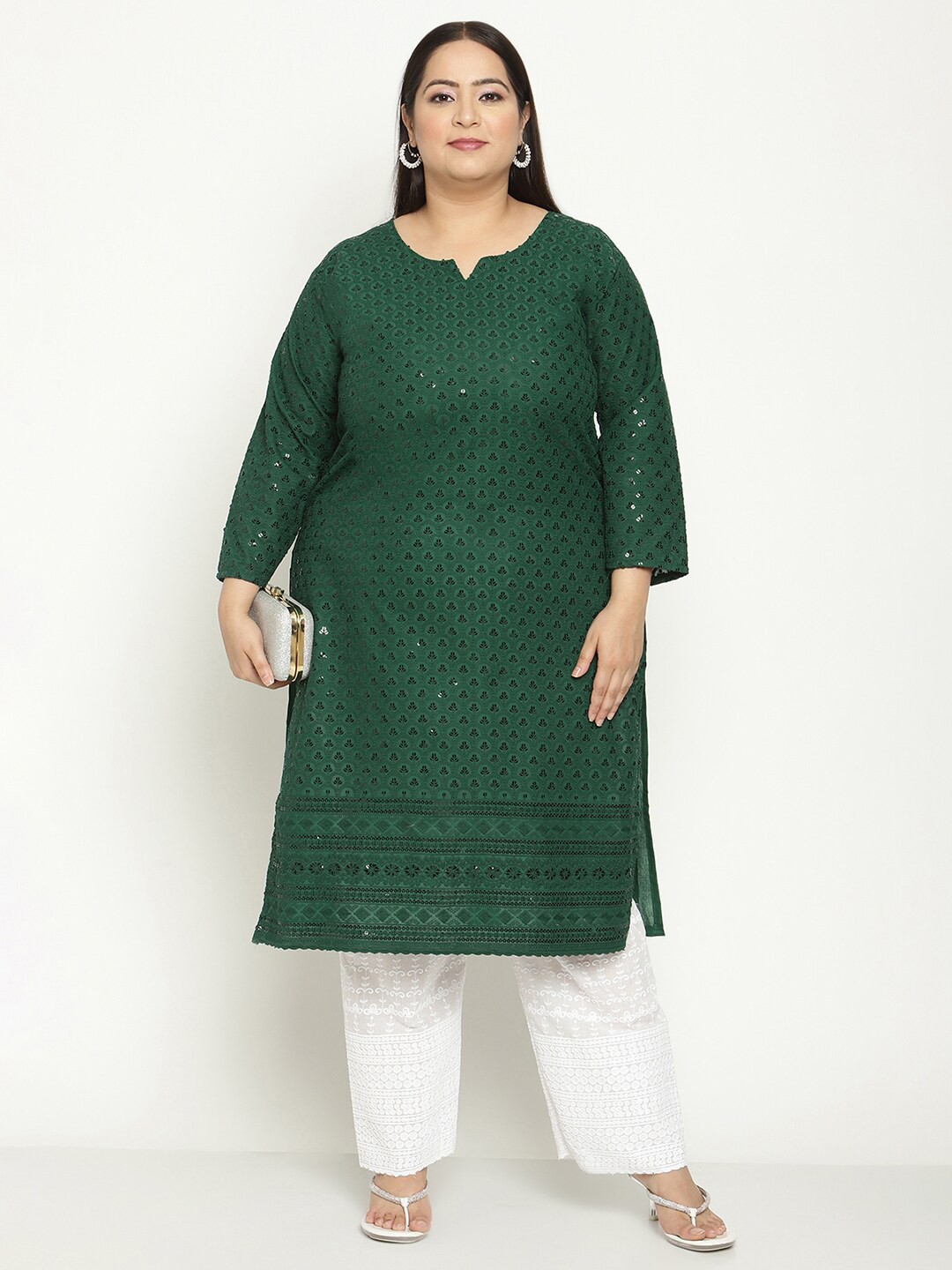 

QUEENLEY Plus Size Ethnic Motifs Embroidered Chikankari Cotton Straight Kurta, Green