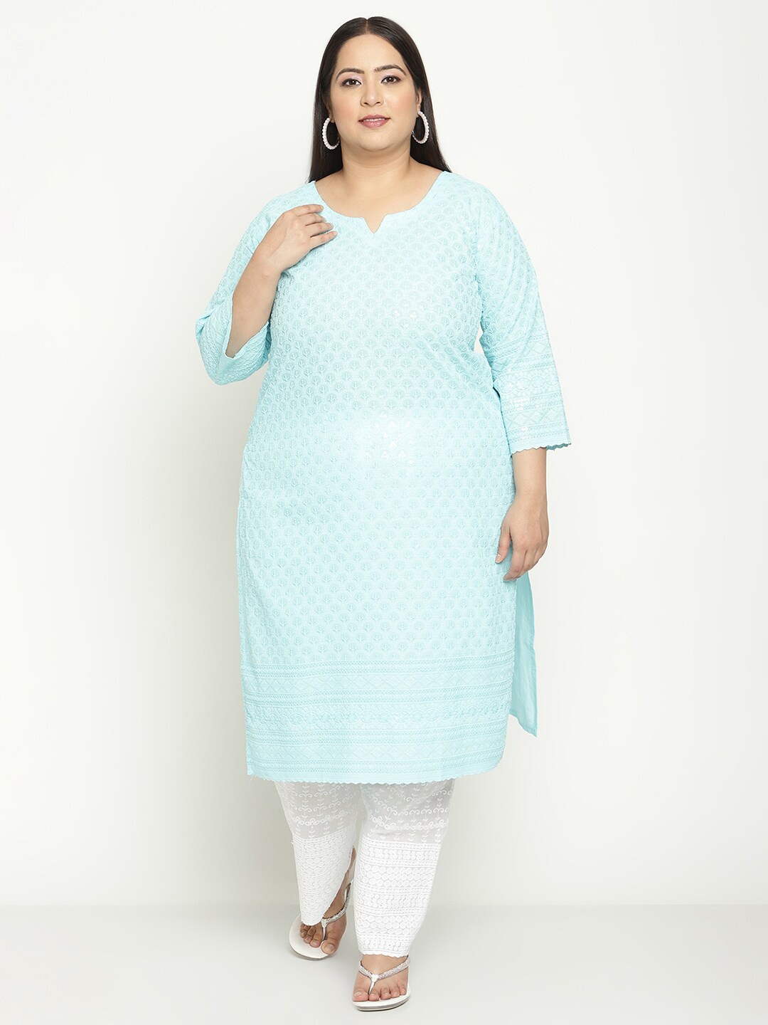 

QUEENLEY Plus Size Floral Embroidered Chikankari Straight Kurta, Blue