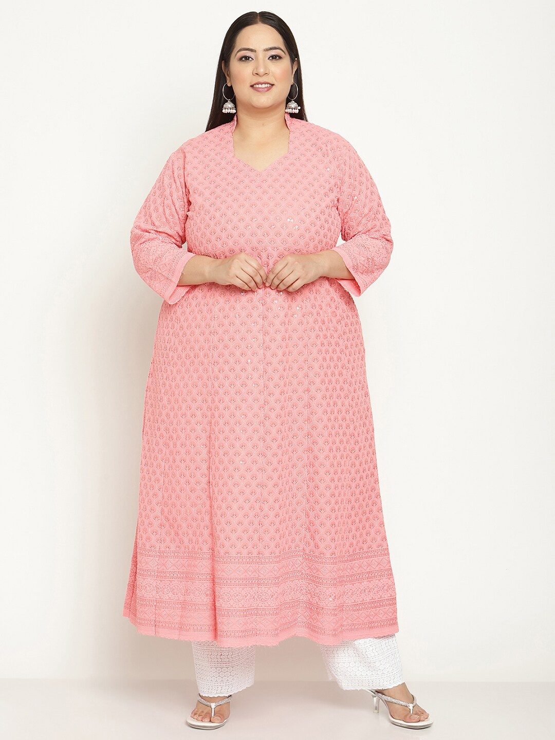 

QUEENLEY Plus Size Ethnic Motifs Embroidered Chikankari Cotton Anarkali Kurta, Peach