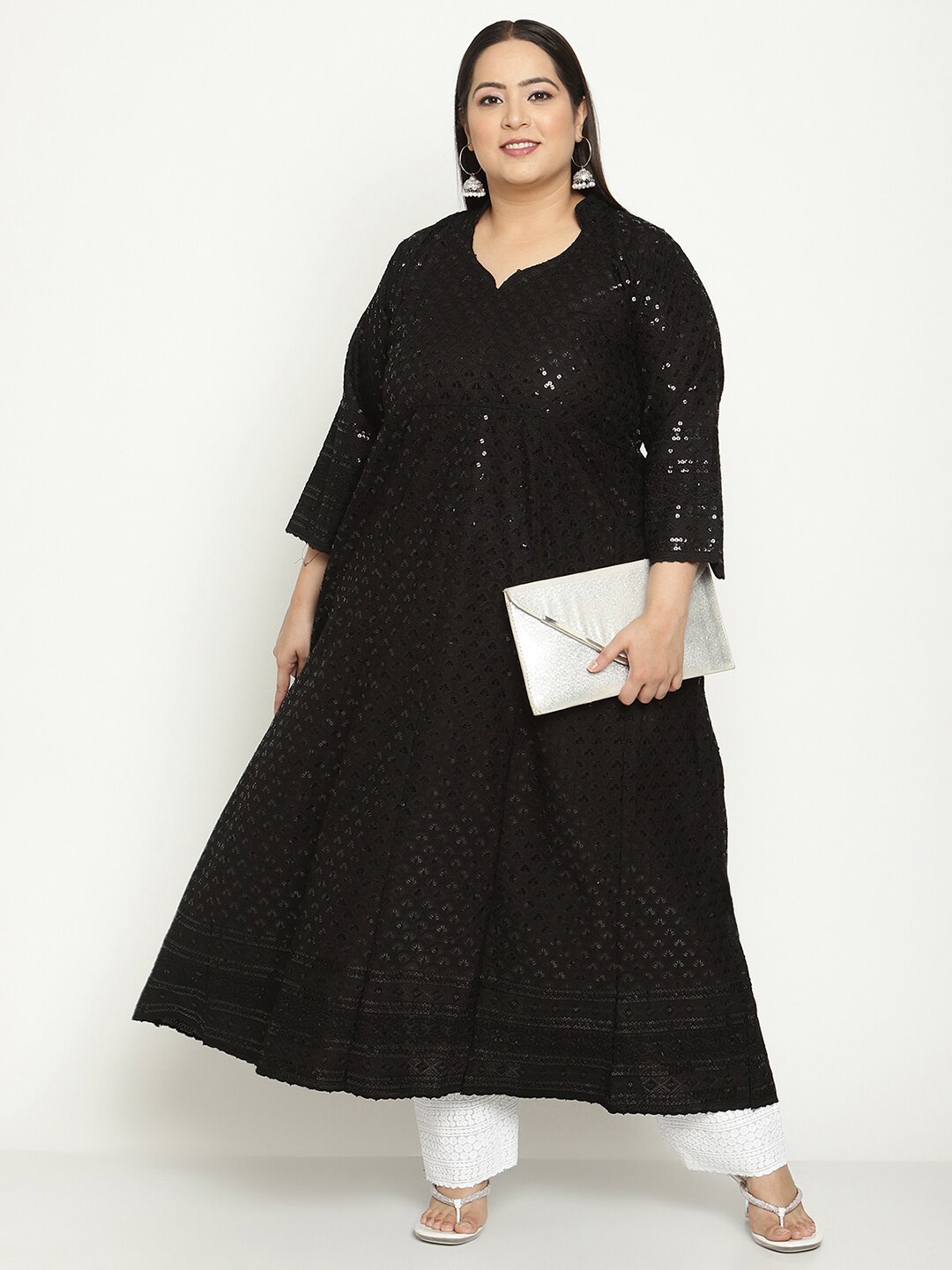 

QUEENLEY Plus Size Ethnic Motifs Embroidered Chikankari Anarkali Kurta, Black