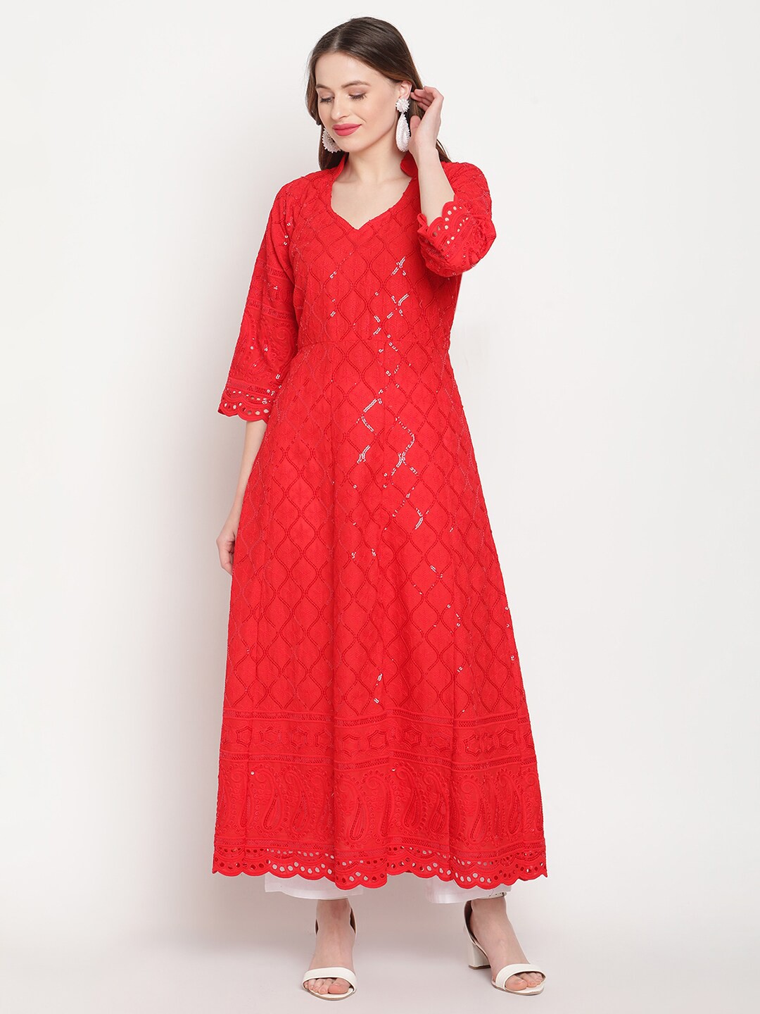 

QUEENLEY Ethnic Motifs Embroidered Chikankari Anarkali Kurta, Red