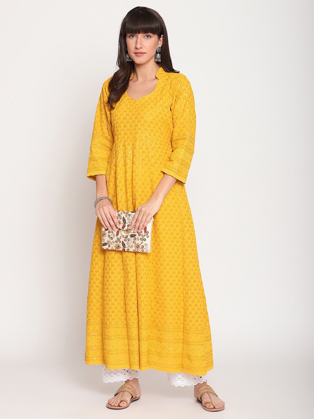 

QUEENLEY Ethnic Motifs Embroidered Chikankari Anarkali Kurta, Yellow