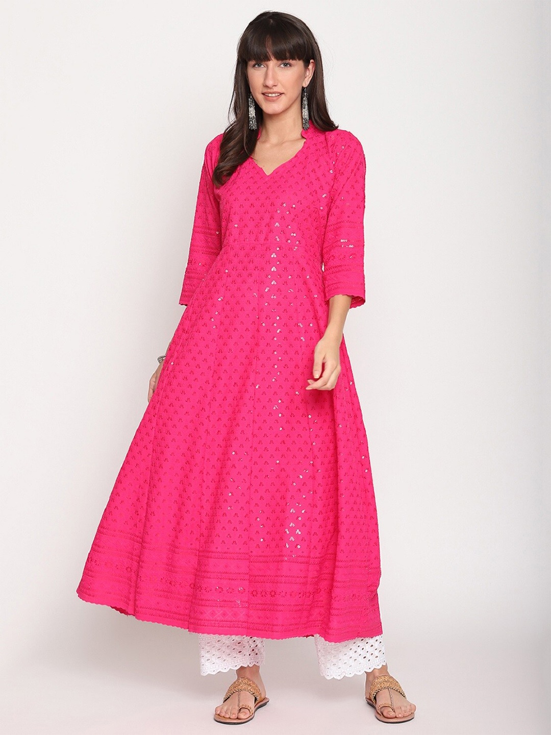 

QUEENLEY Ethnic Motifs Embroidered Chikankari Anarkali Kurta, Pink