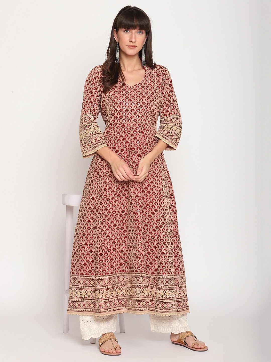 

QUEENLEY Floral Embroidered V-Neck Sequinned Anarkali Kurta, Red