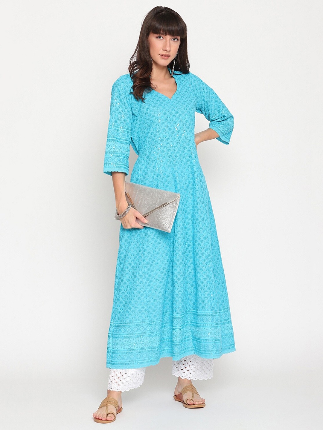 

QUEENLEY Ethnic Motifs Embroidered Chikankari Anarkali Kurta, Turquoise blue