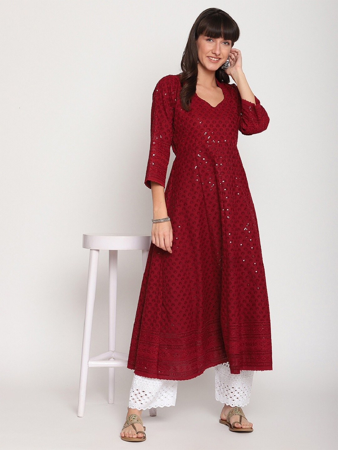 

QUEENLEY Ethnic Motifs Embroidered Chikankari Cotton Anarkali Kurta, Maroon