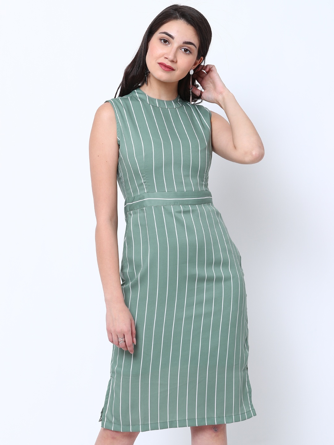 

Tokyo Talkies Women Green Striped Sheath Dress