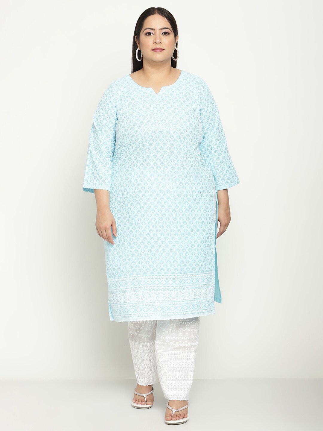 QUEENLEY Plus Size Floral Embroidered Chikankari Straight Kurta, Blue