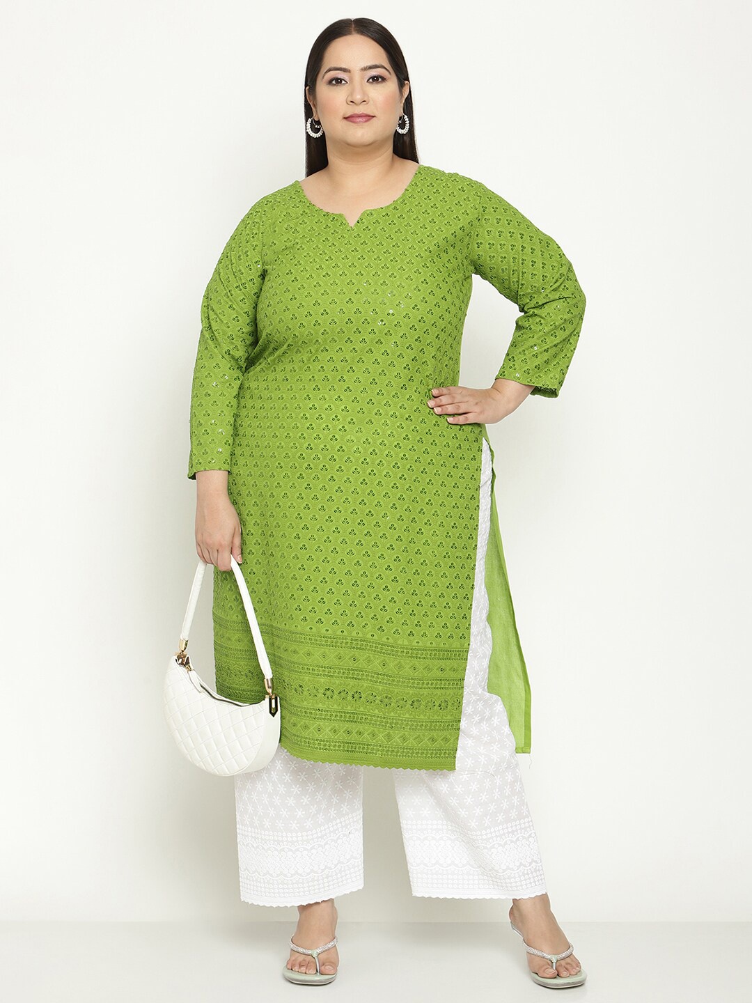 

QUEENLEY Plus Size Ethnic Motifs Embroidered Chikankari Straight Kurta, Green