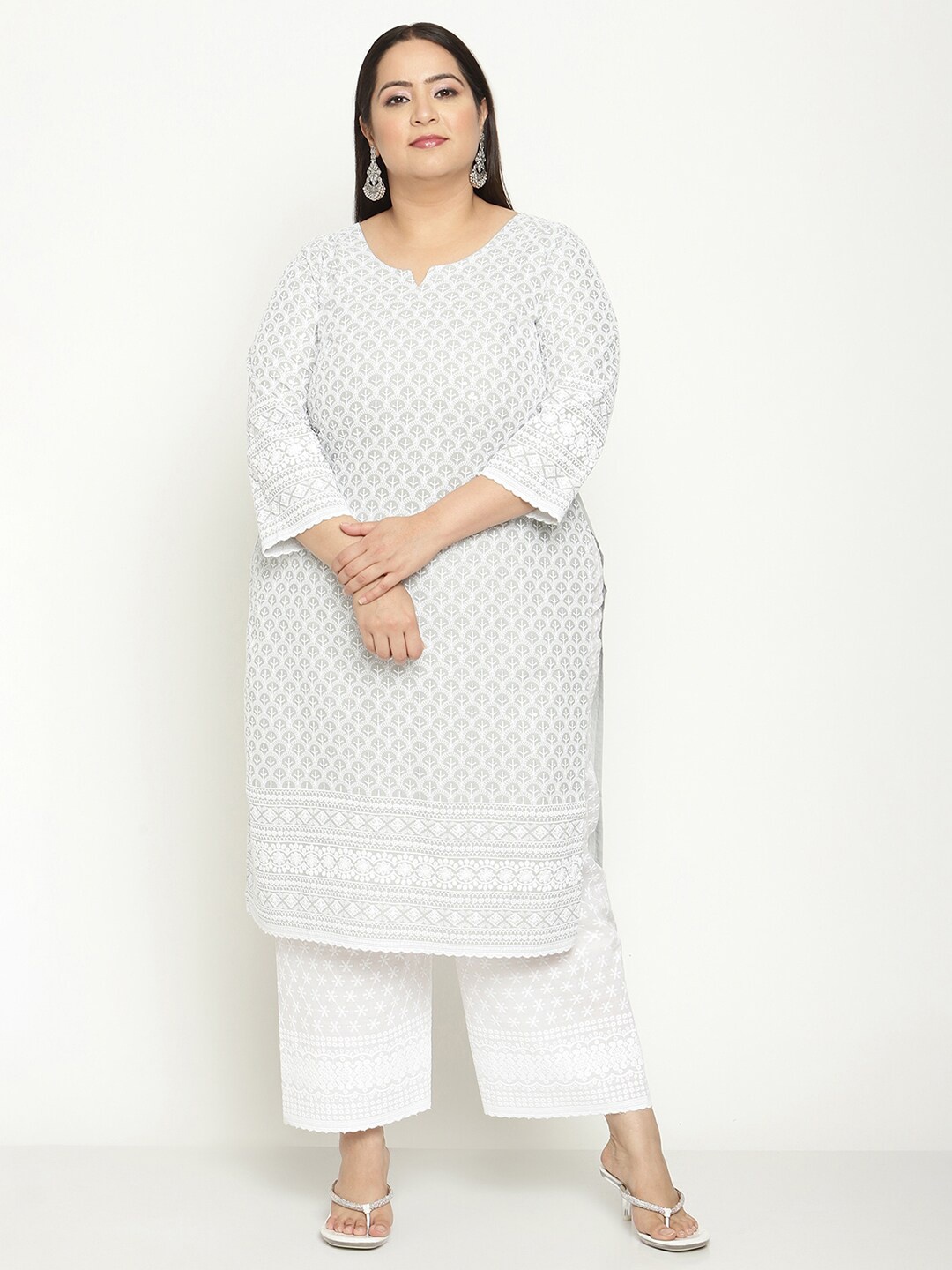 

QUEENLEY Plus Size Ethnic Motifs Embroidered Chikankari Kurta, Grey