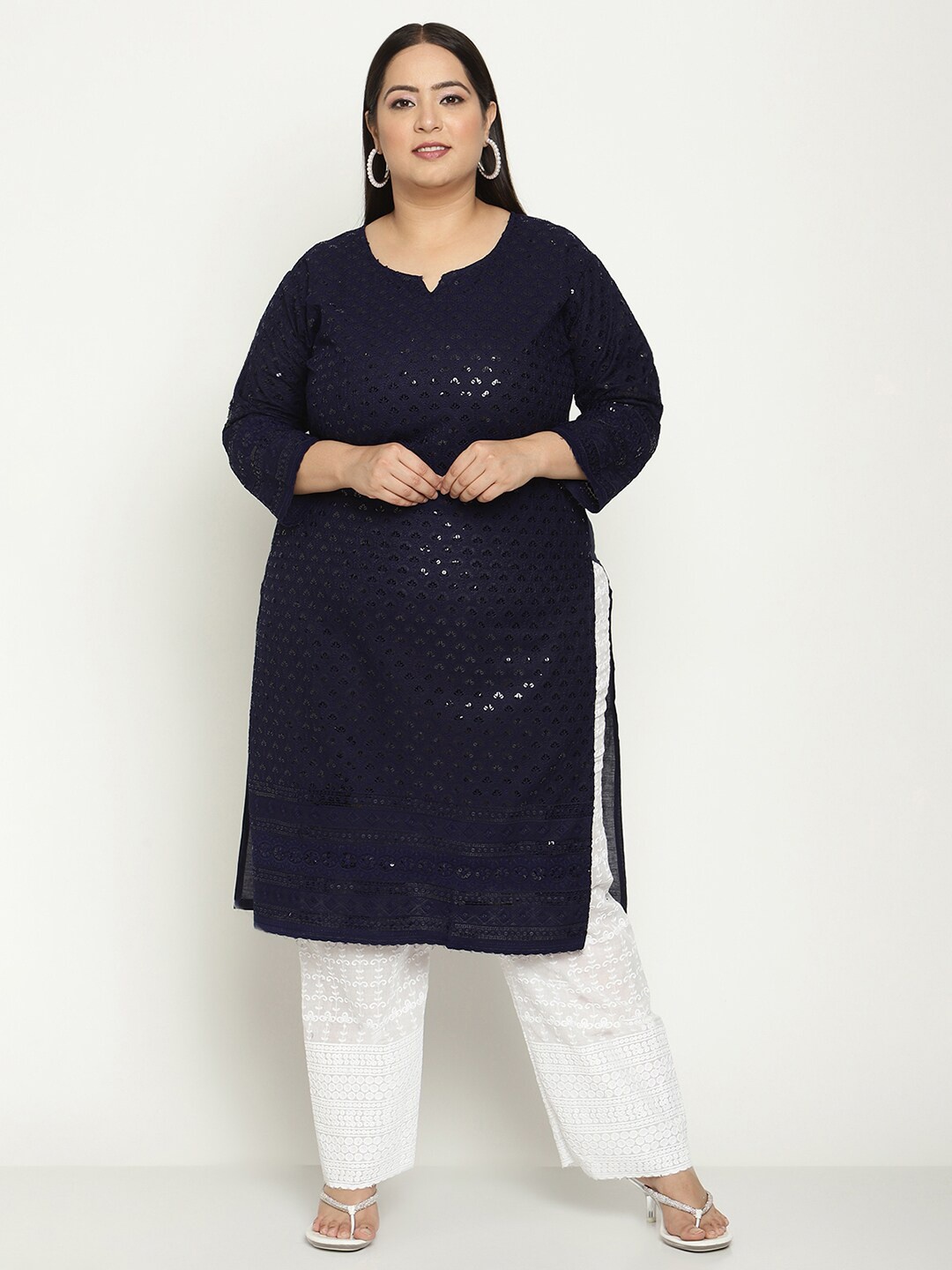 

QUEENLEY Plus Size Ethnic Motifs Embroidered Chikankari Straight Kurta, Navy blue