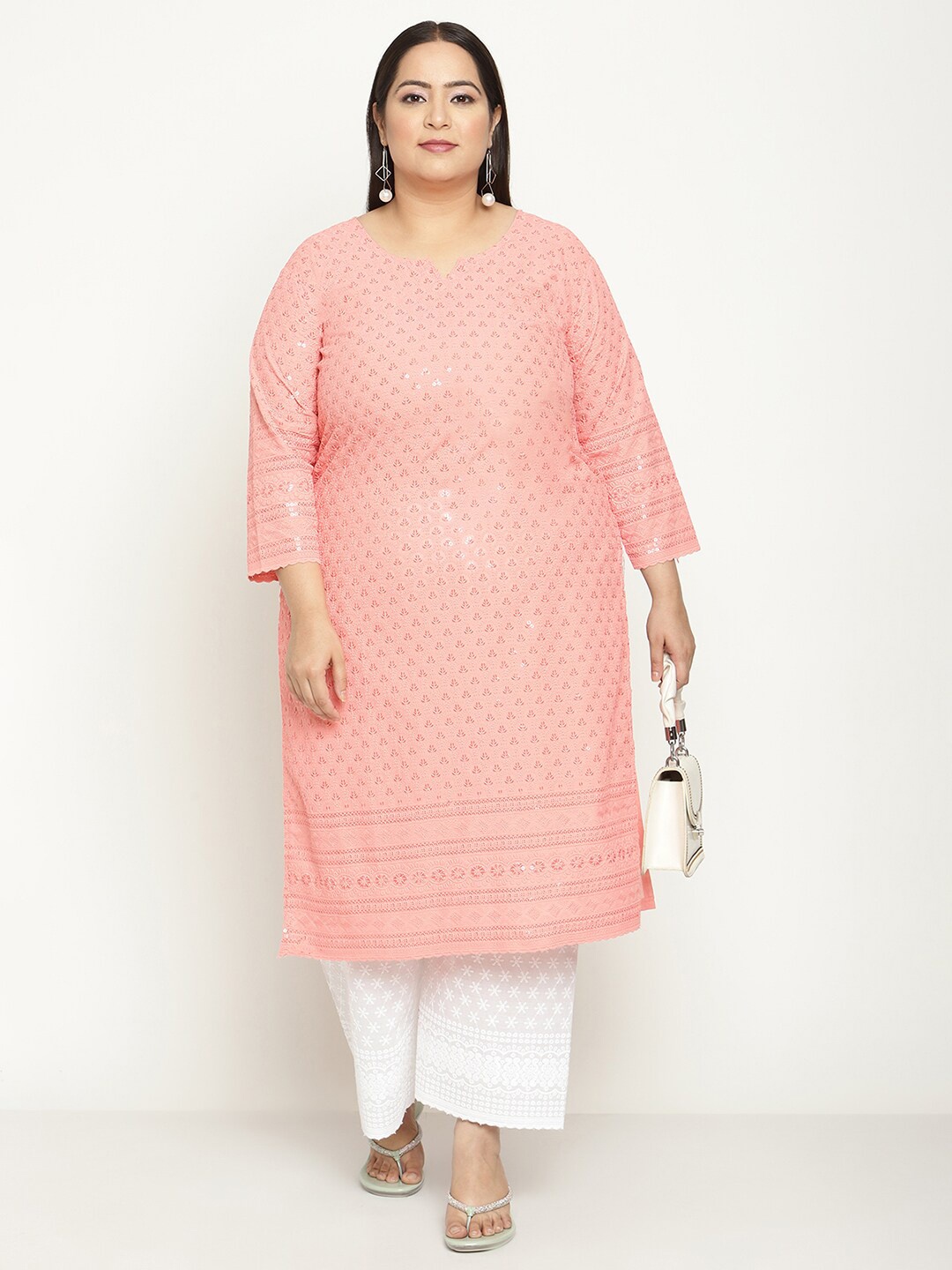 

QUEENLEY Plus Size Ethnic Motifs Embroidered Chikankari Straight Kurta, Peach