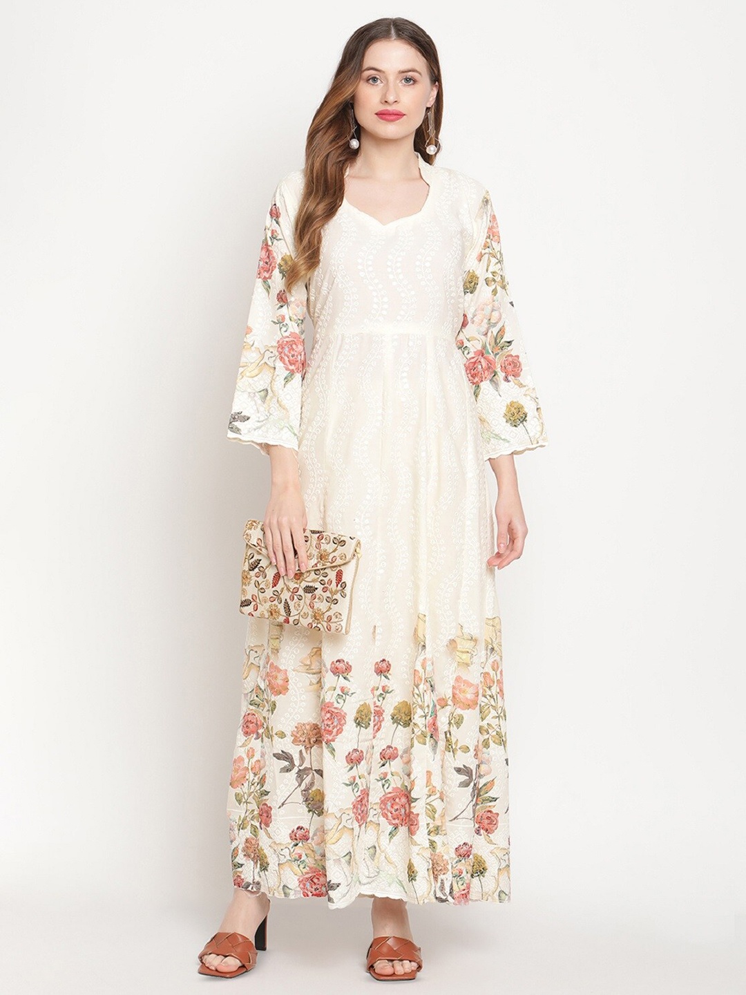 

QUEENLEY Floral Embroidered Chikankari Anarkali Kurta, White