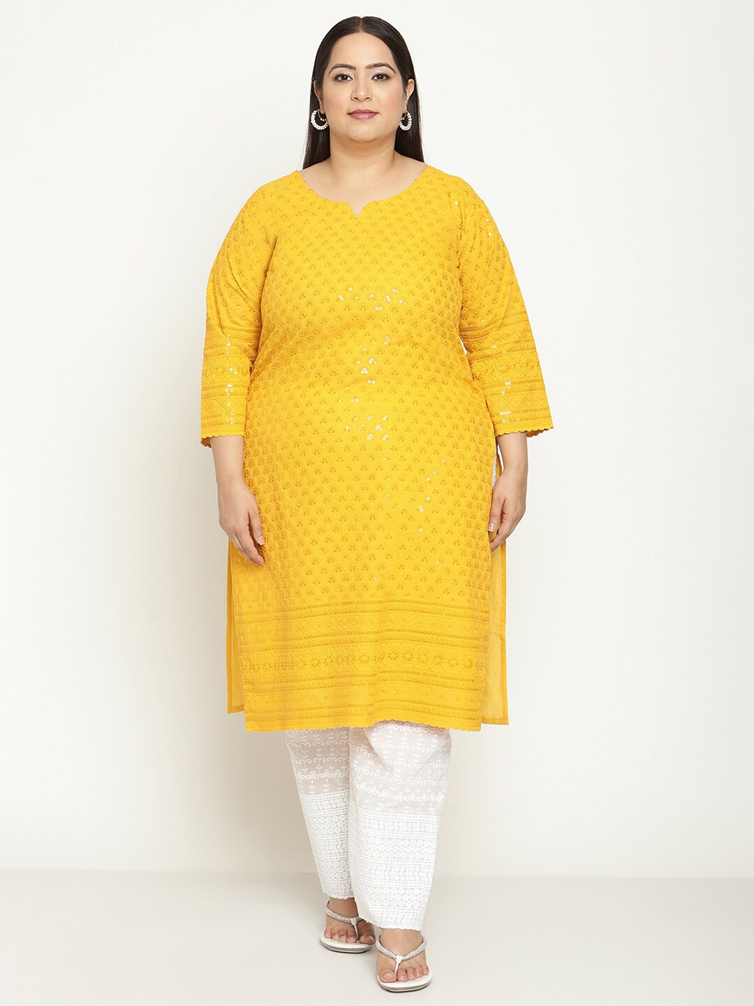 

QUEENLEY Plus Size Ethnic Motifs Embroidered Chikankari Cotton Straight Kurta, Yellow