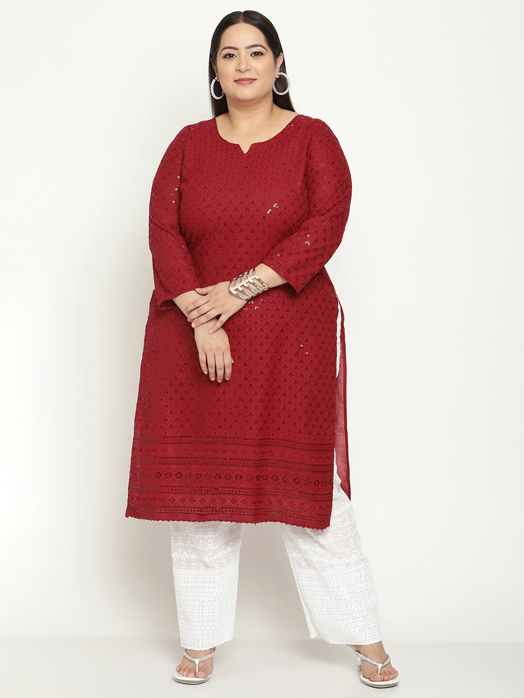 

QUEENLEY Plus Size Ethnic Motifs Embroidered Chikankari Cotton Straight Kurta, Maroon