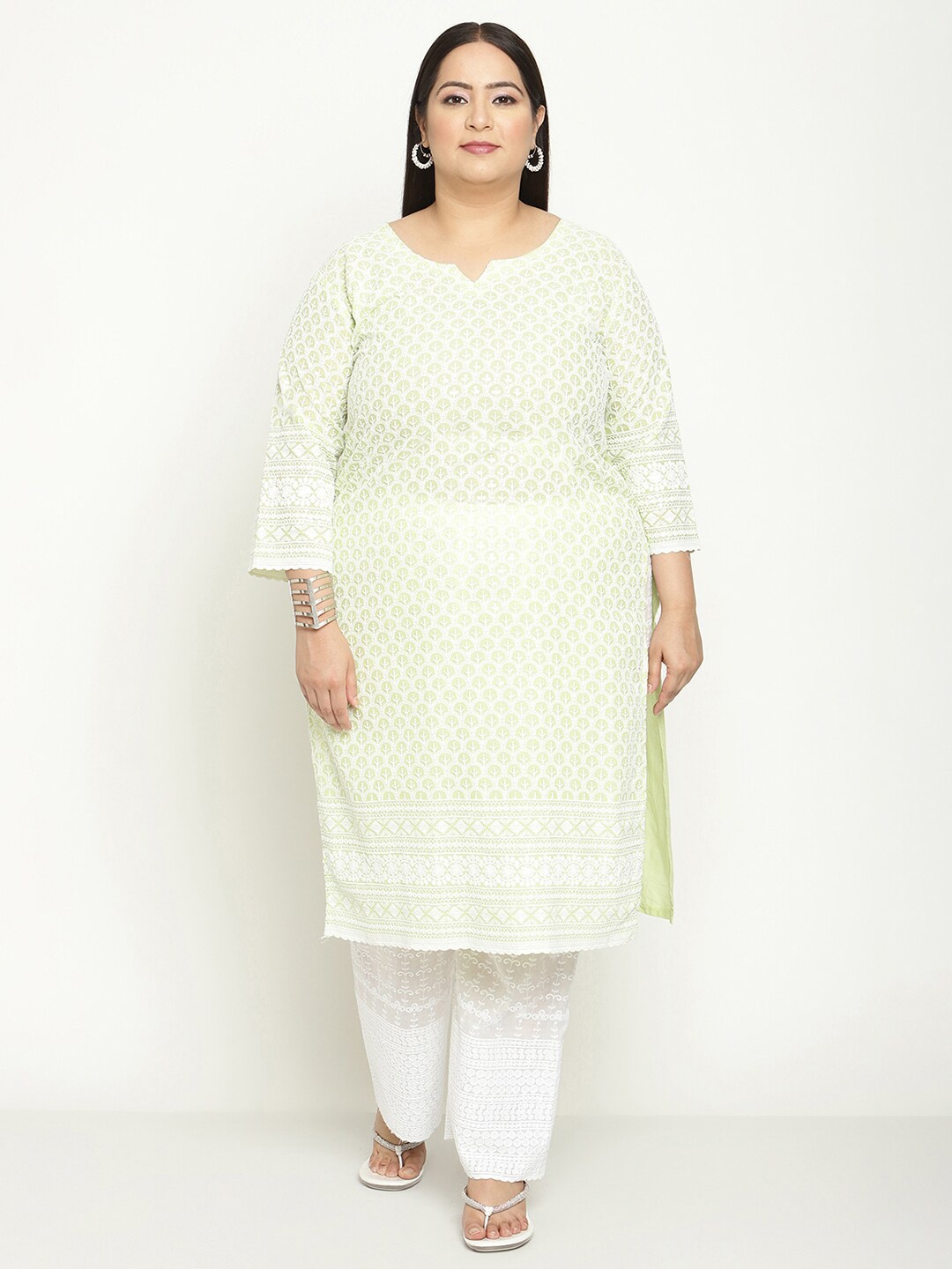 

QUEENLEY Plus Size Ethnic Motifs Embroidered Chikankari Cotton Straight Kurta, Green