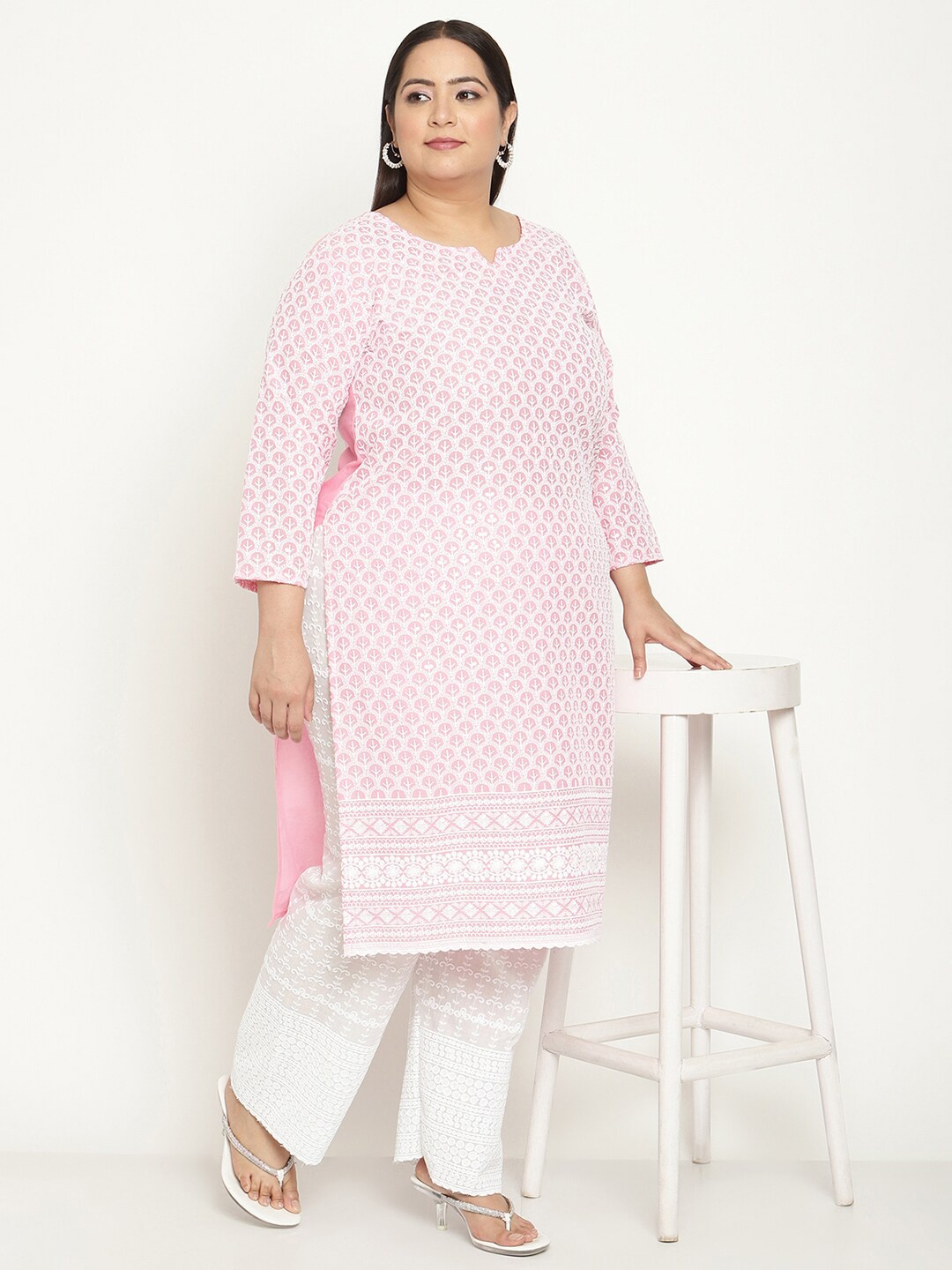 

QUEENLEY Plus Size Ethnic Motifs Embroidered Chikankari Straight Kurta, Pink