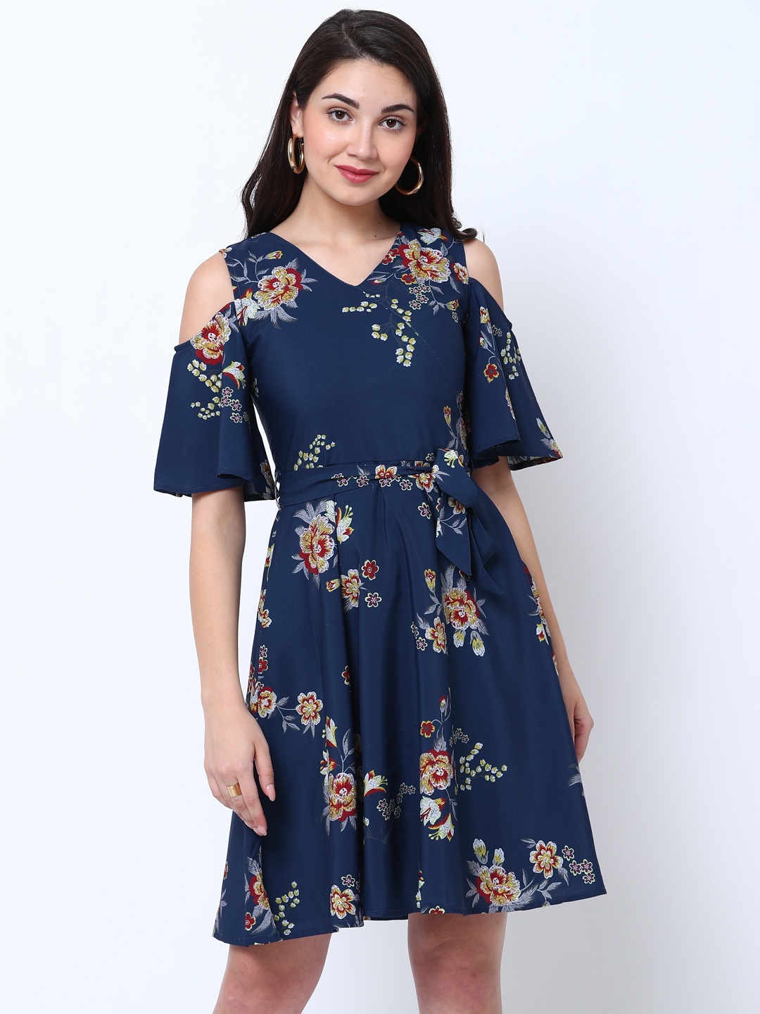 

Tokyo Talkies Women Navy Blue Printed Fit and Flare Cold Shoulder Dress