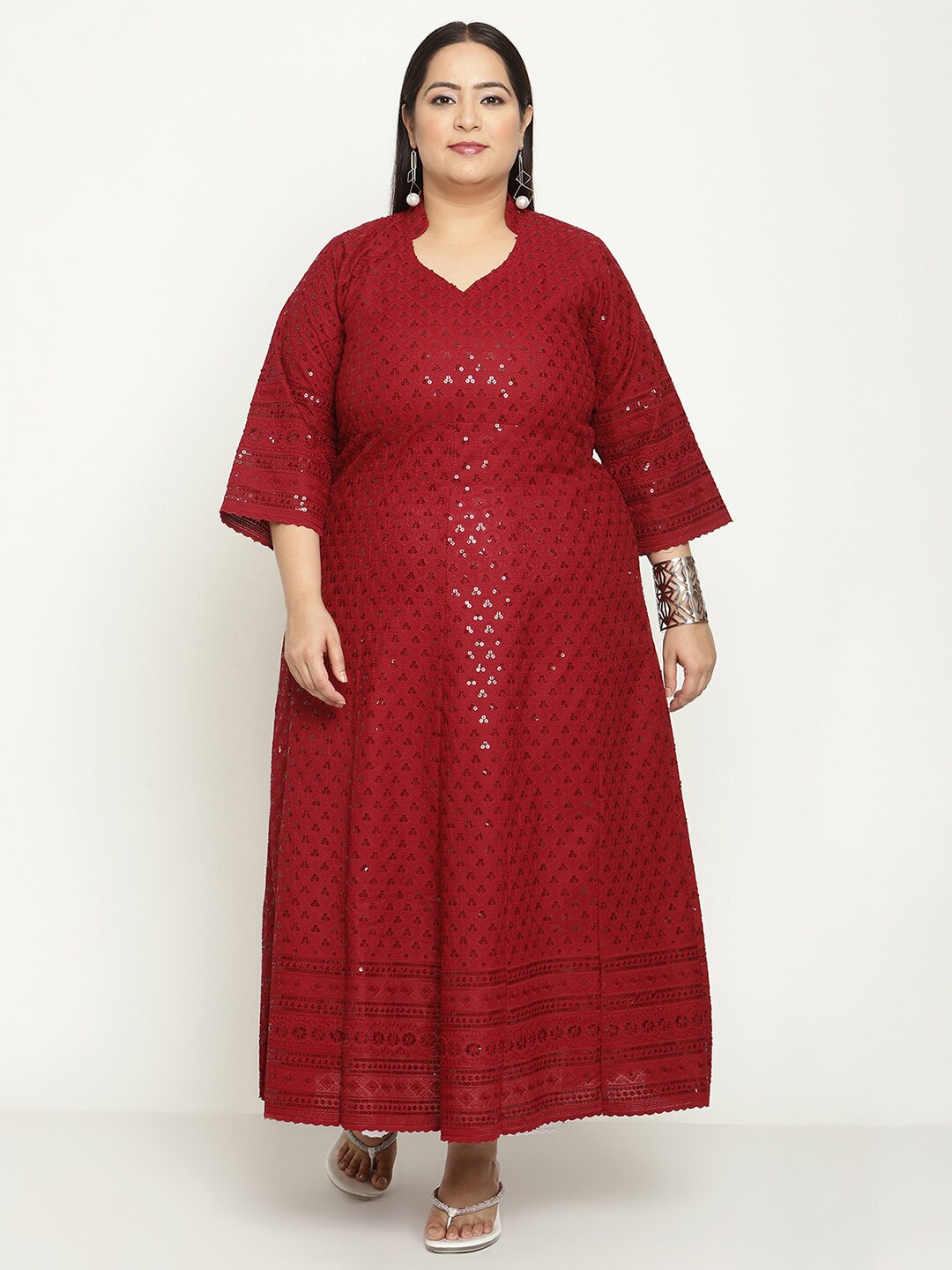 

QUEENLEY Plus Size Mandarin Collar Sequins Detail Embroidered Cotton Anarkali Kurta, Maroon