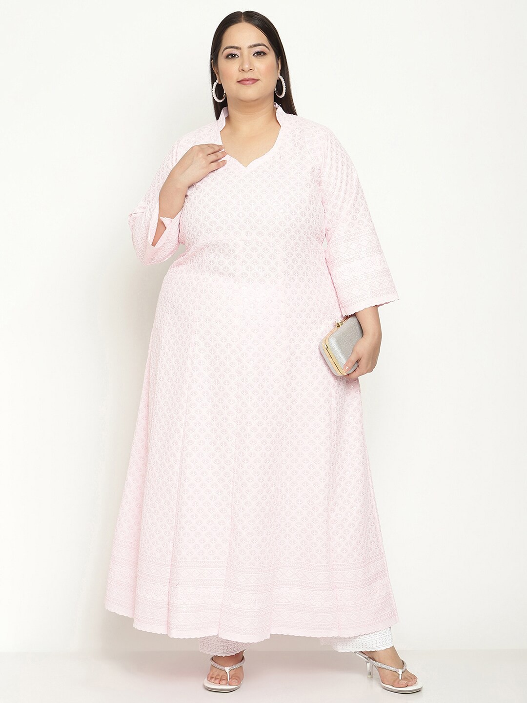 

QUEENLEY Plus Size Ethnic Motifs Embroidered Chikankari Cotton Anarkali Kurta, Pink