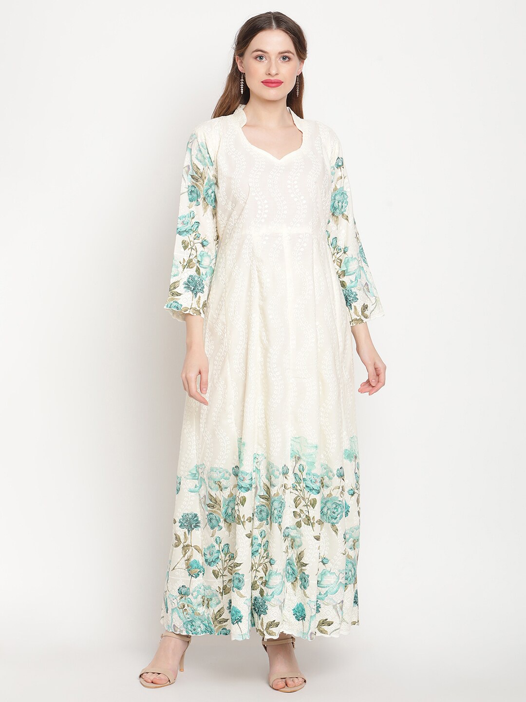 

QUEENLEY Floral Embroidered Chikankari Anarkali Kurta, White