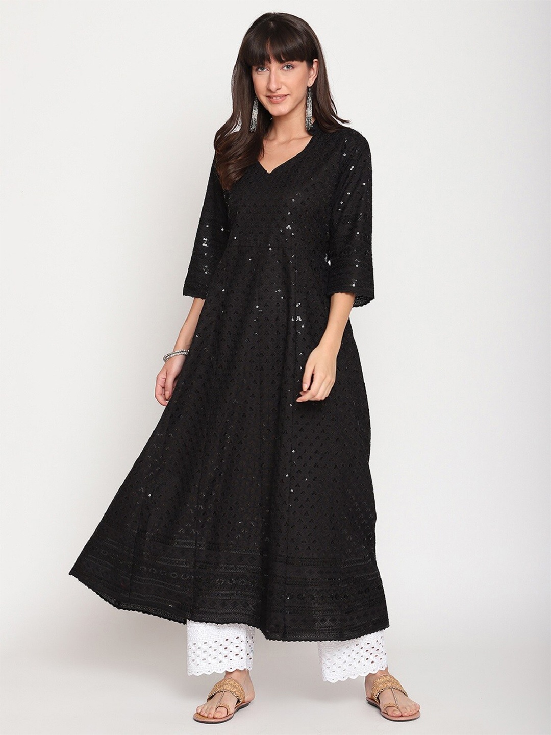 

QUEENLEY Ethnic Motifs Embroidered Sequinned Chikankari Anarkali Kurta, Black