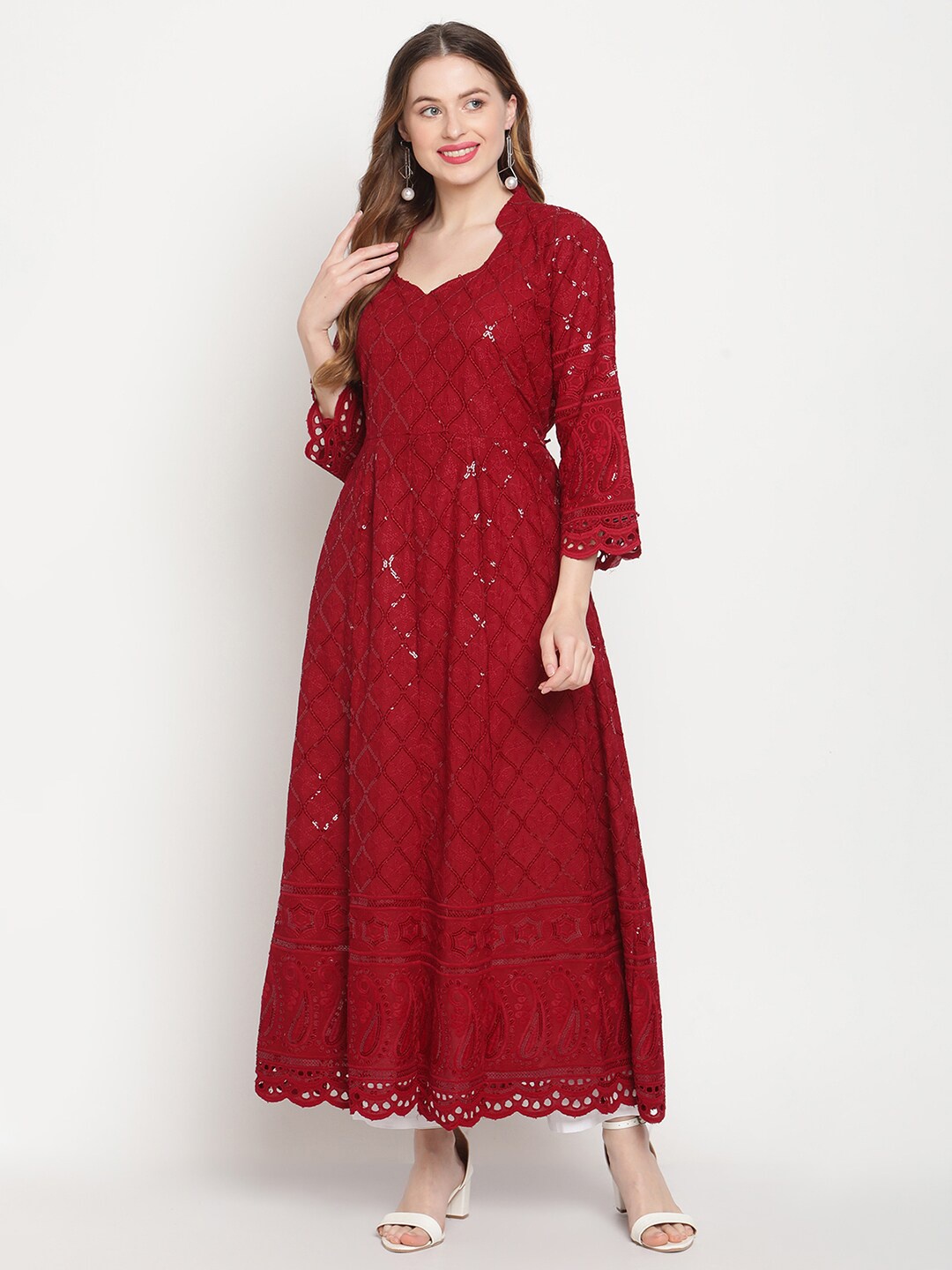 

QUEENLEY Ethnic Motifs Embroidered Chikankari Mandarin Collar Anarkali Kurta, Maroon
