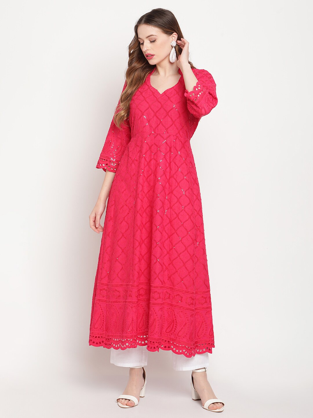 

QUEENLEY Mandarin Collar Sequins Detail Embroidered Cotton Anarkali Kurta, Magenta