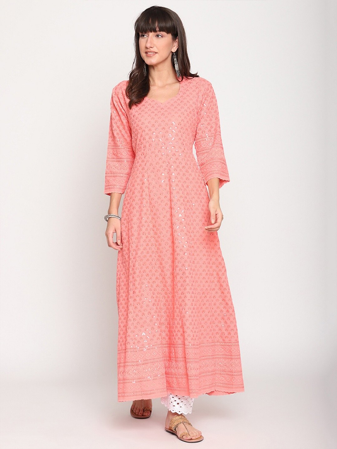 

QUEENLEY Ethnic Motifs Embroidered Chikankari Anarkali Kurta, Peach