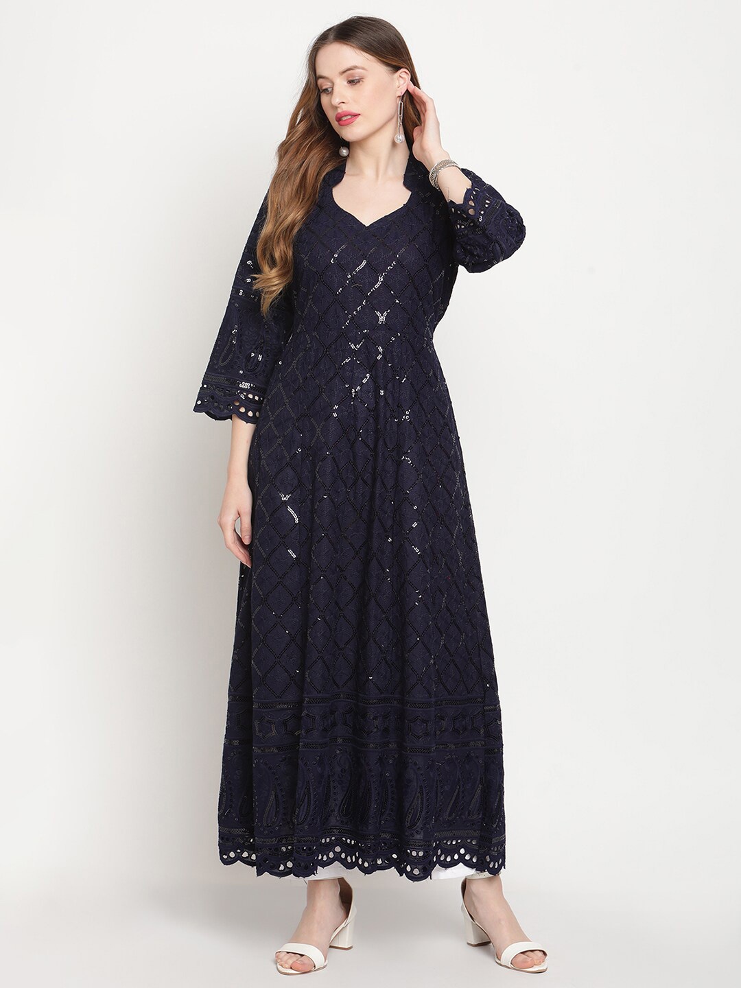 

QUEENLEY Floral Embroidered Sequinned Chikankari Anarkali Kurta, Navy blue
