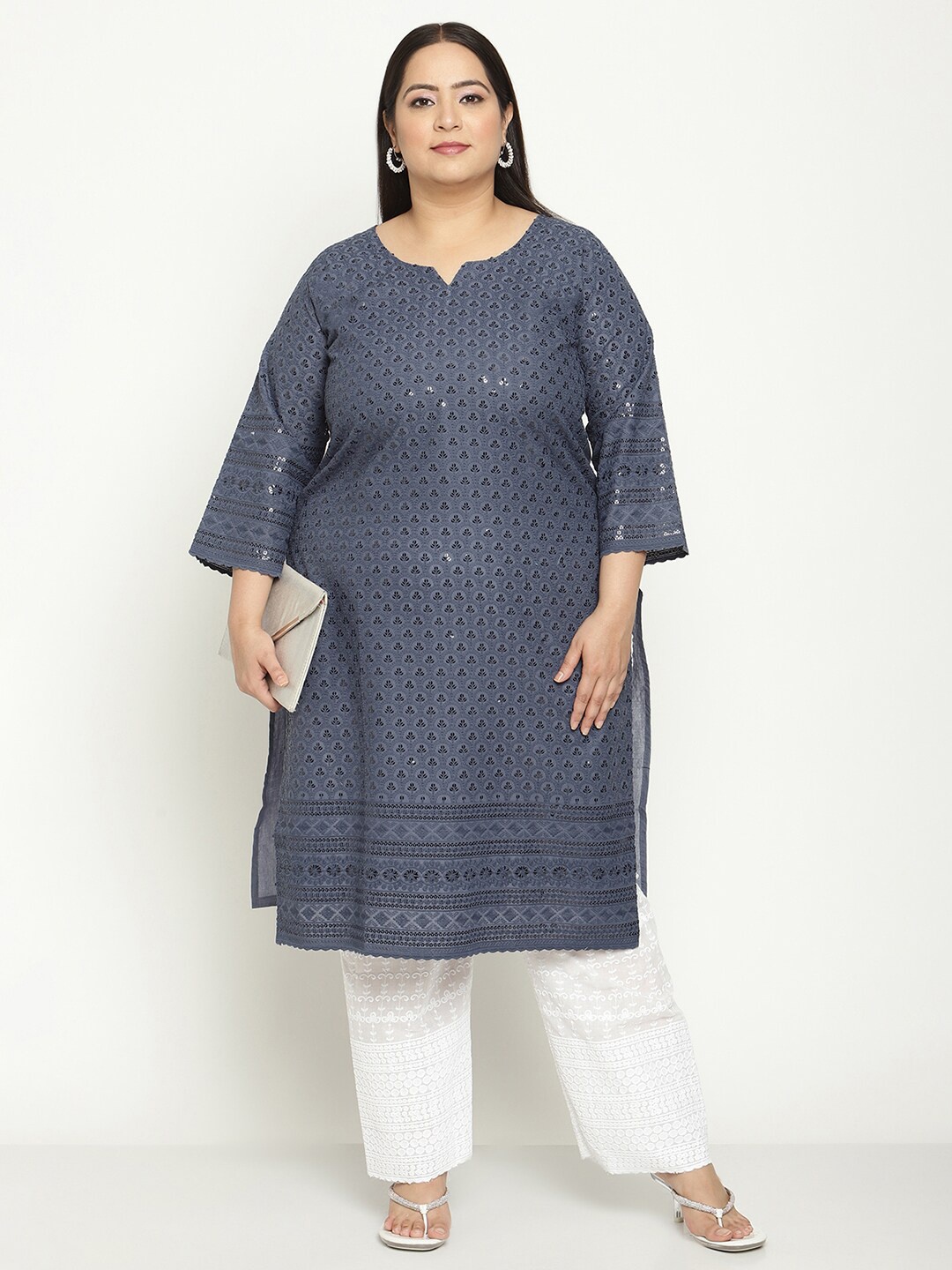 

QUEENLEY Plus Size Ethnic Motifs Embroidered Chikankari Cotton Straight Kurta, Blue