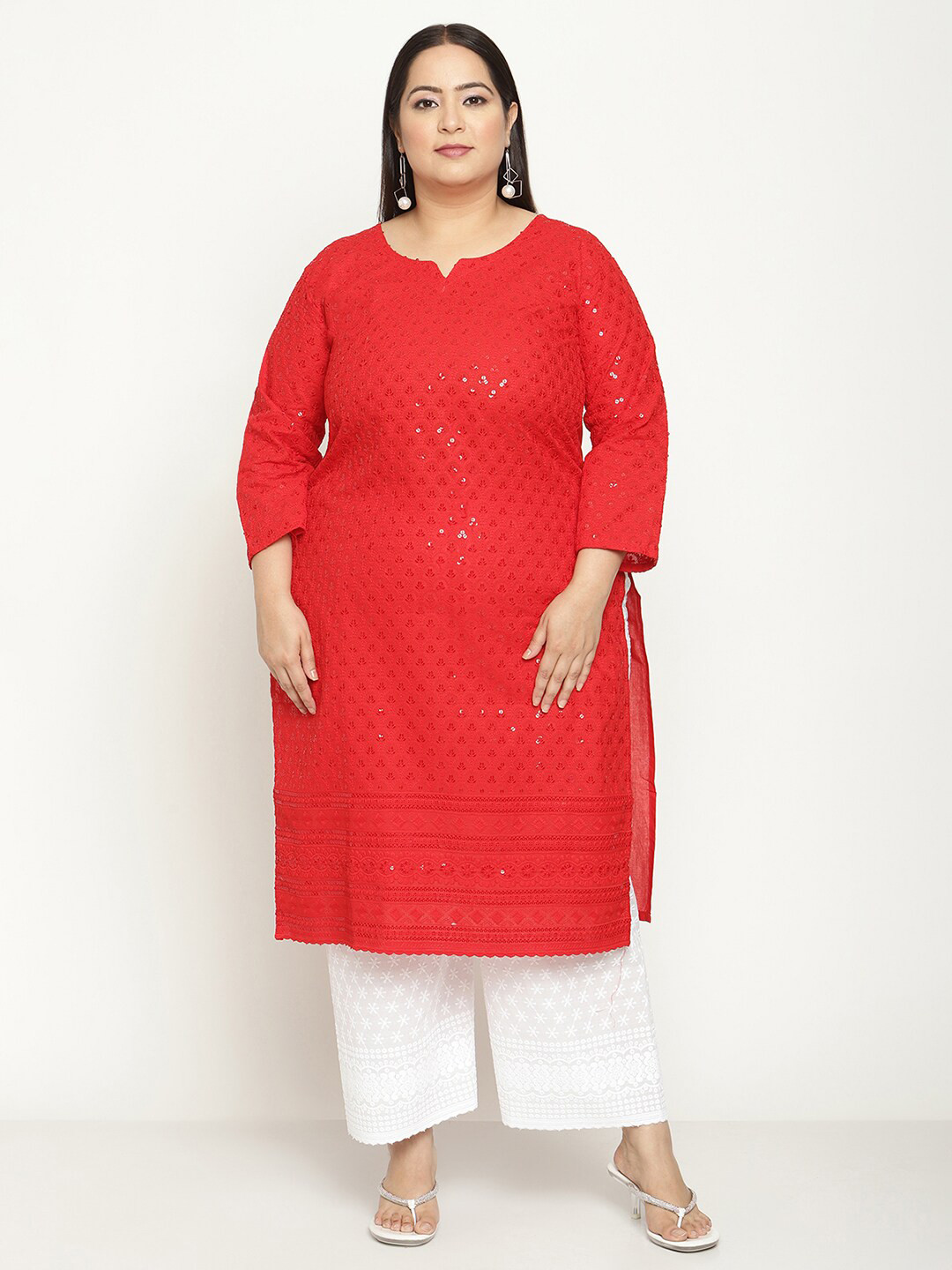 

QUEENLEY Plus Size Ethnic Motifs Embroidered Chikankari Cotton Straight Kurta, Red