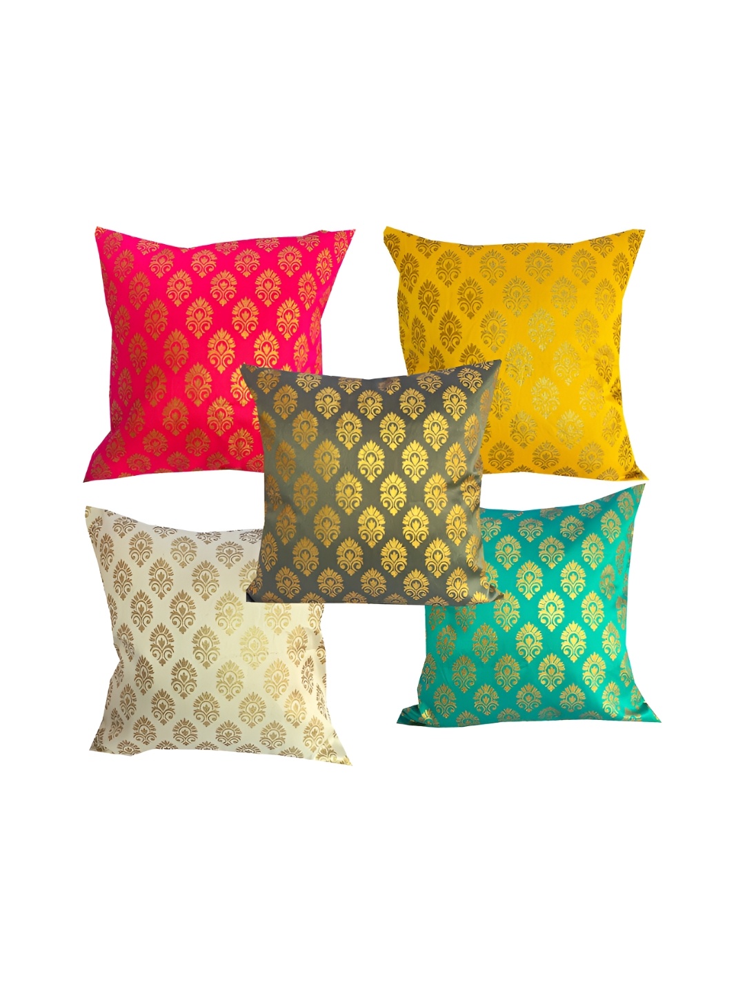 

Pink Parrot Green & Yellow 5 Pieces Ethnic Motifs Square Cushion Covers