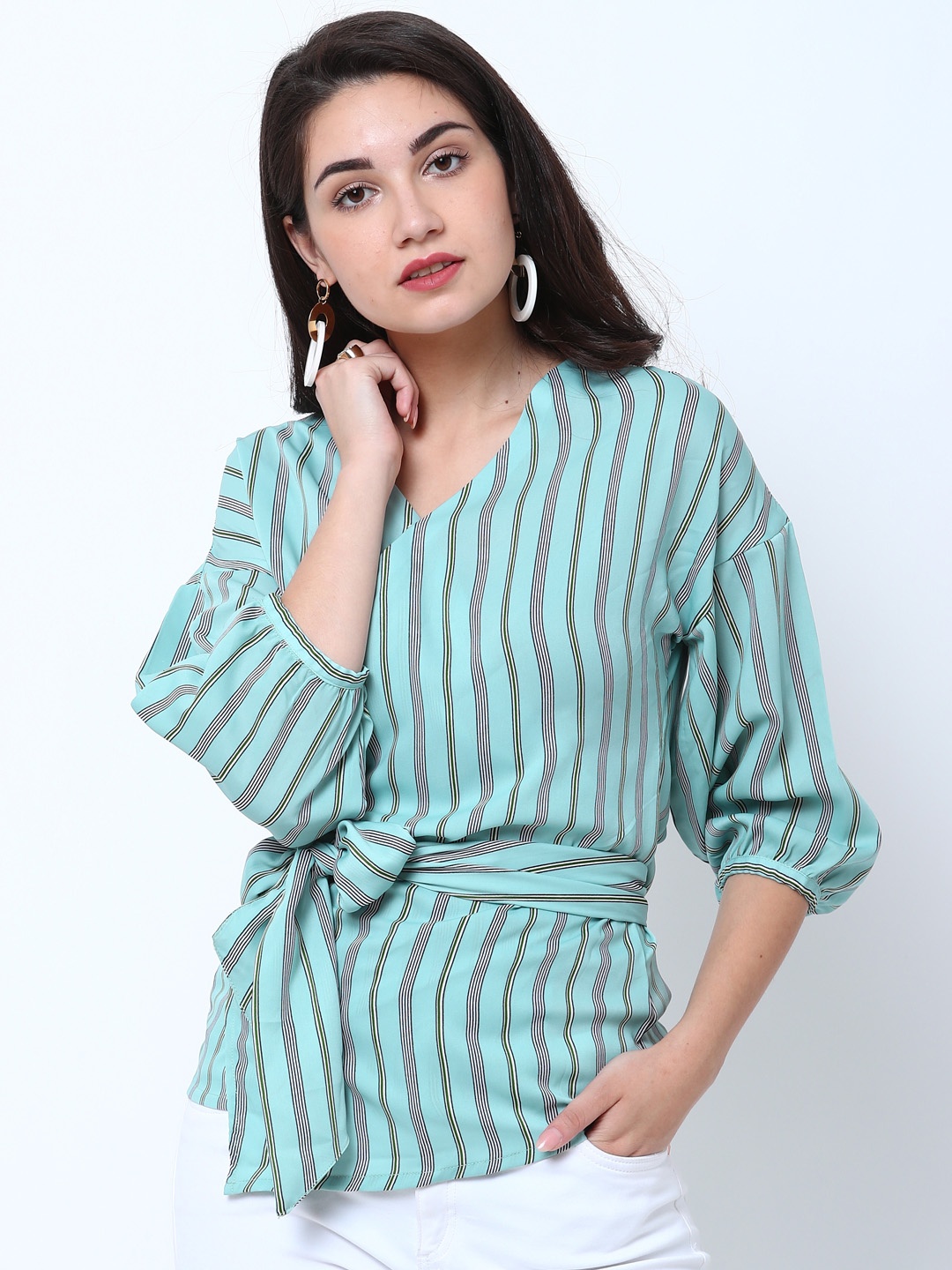 

Tokyo Talkies Women Sea Green Striped Top