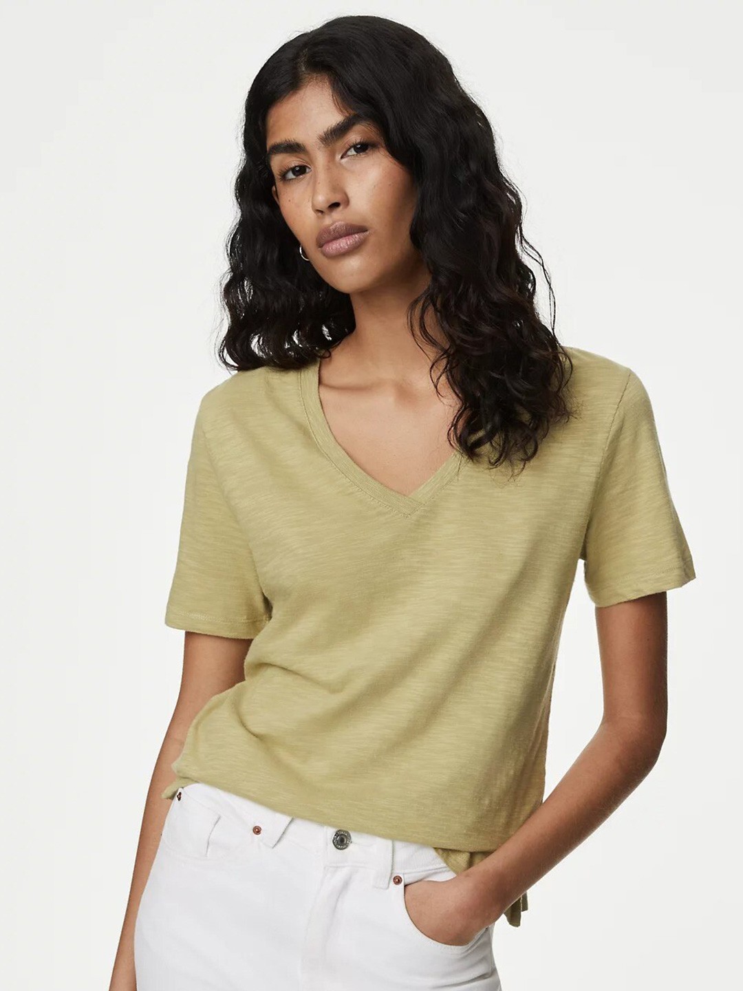 

Marks & Spencer Women V-Neck Pockets T-shirt, Khaki