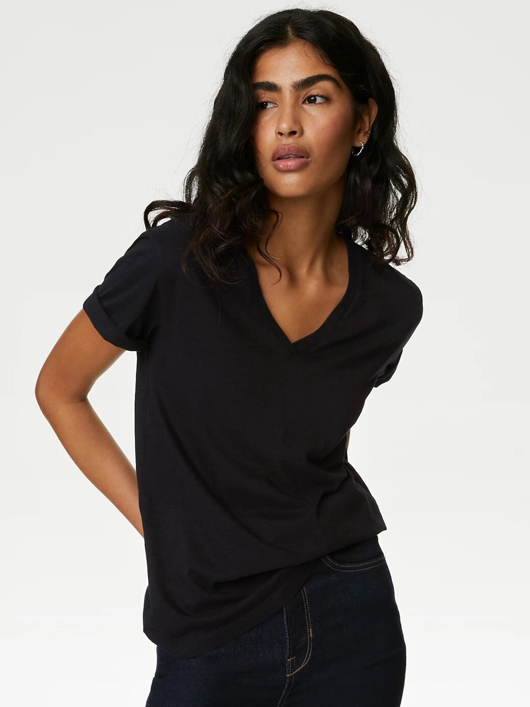 

Marks & Spencer Women V-Neck Extended Sleeves Pockets T-shirt, Black