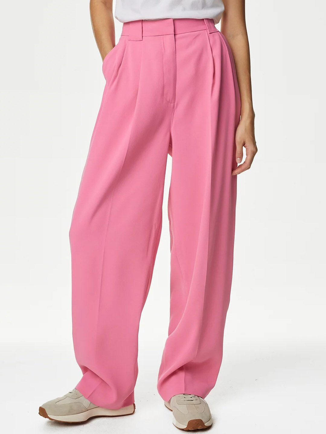 

Marks & Spencer Women Straight Fit High-Rise Pleated Parallel Trousers, Pink