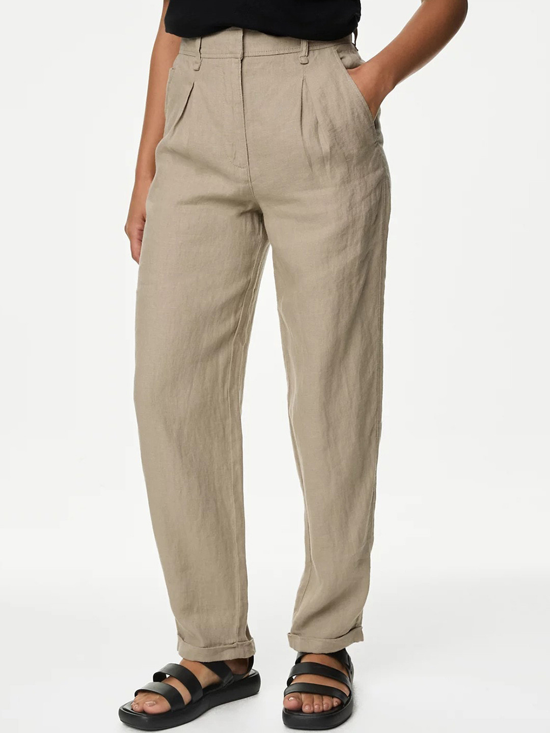 

Marks & Spencer Women Tapered Fit High-Rise Trousers, Beige