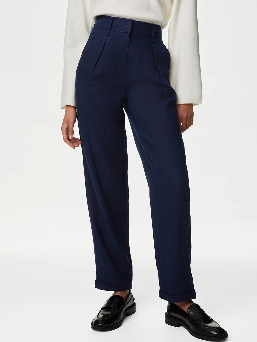 

Marks & Spencer Women Tapered Fit High-Rise Pleated Trousers, Navy blue