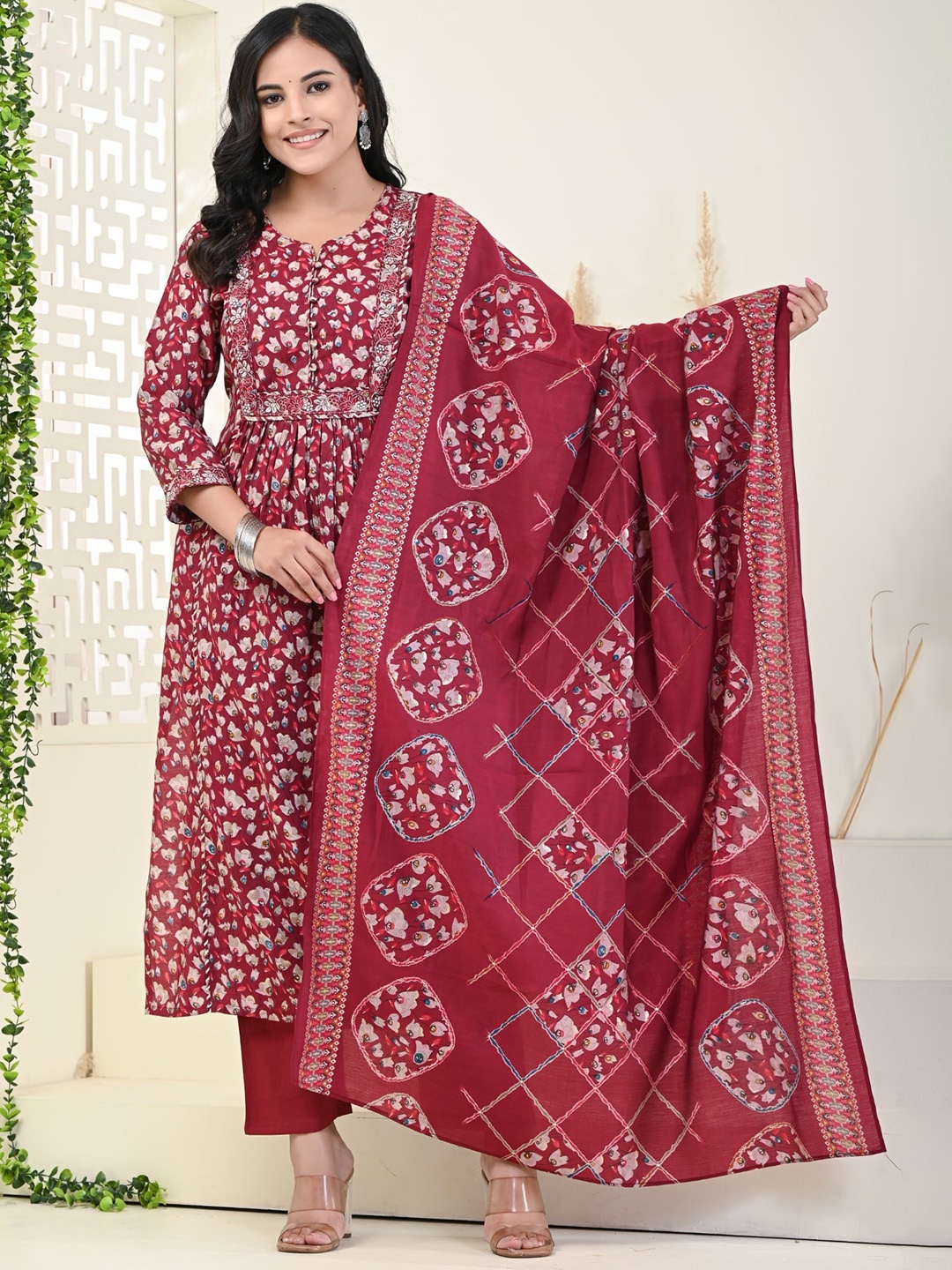 

Swasti Floral Printed Sequinned Pure Cotton Pleated Straight Kurta With Trousers & Dupatta, Maroon