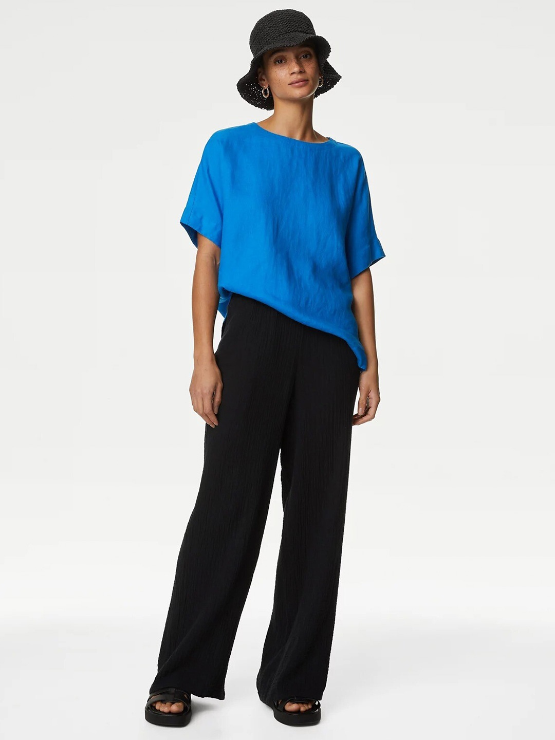 

Marks & Spencer Kimono Sleeve Linen Boxy Top, Blue