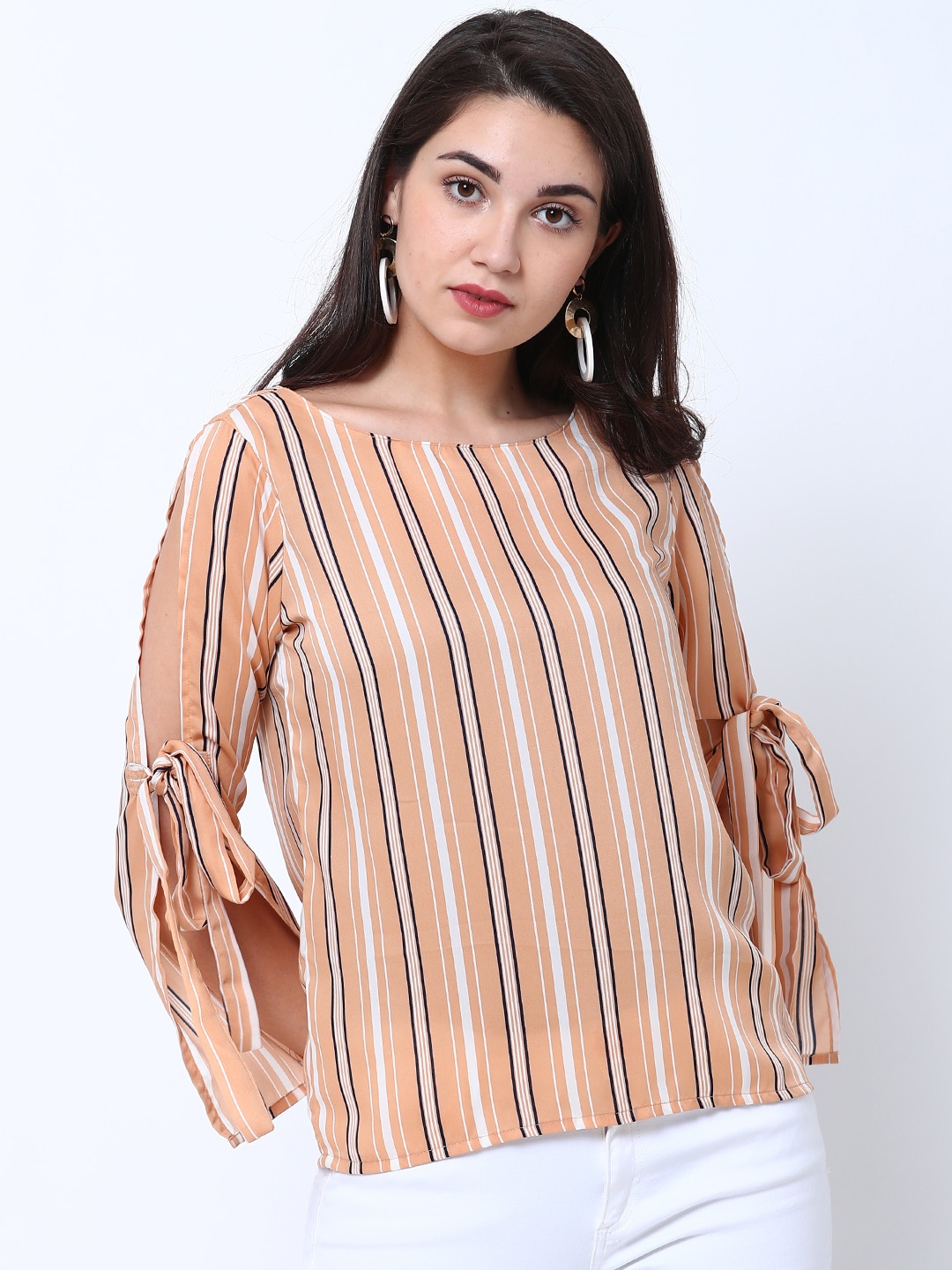 

Tokyo Talkies Women Brown & Nude-Coloured Striped Top