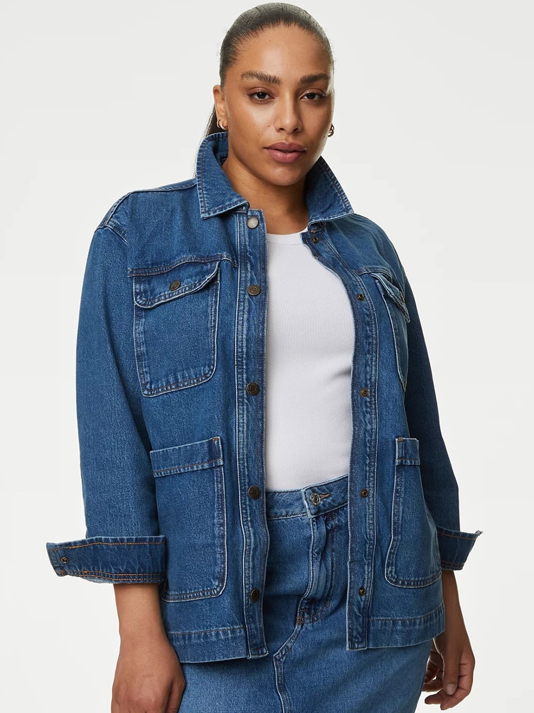 

Marks & Spencer Women Washed Longline Denim Jacket, Blue