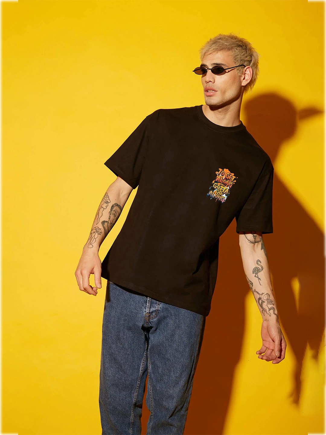 

Miaz Lifestyle Typography Printed Drop-Shoulder Sleeves Cotton Oversized T-shirt, Black