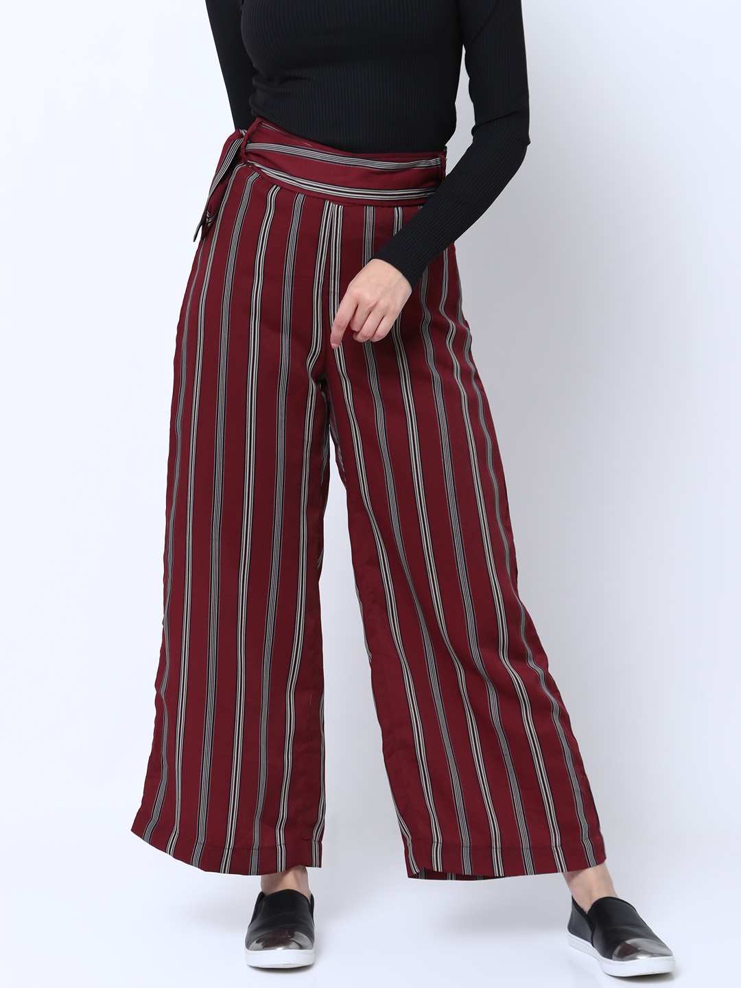 

Tokyo Talkies Women Maroon Striped Straight Palazzos